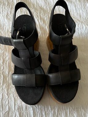UGG Black Leather Abbot Wedge Sandal